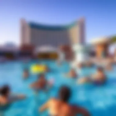 An overview of the Downtown Grand pool, featuring guests enjoying various recreational activities