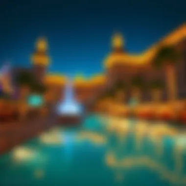 Evening scene at the Downtown Grand pool area, illuminated with captivating lights creating a festive atmosphere