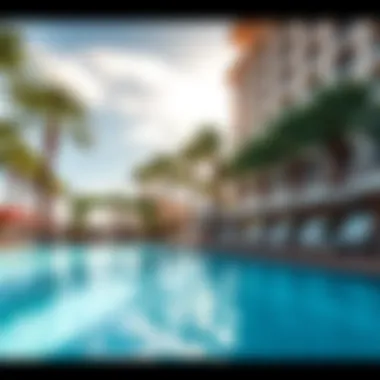 Luxurious poolside loungers surrounded by lush palm trees, inviting relaxation under the sun