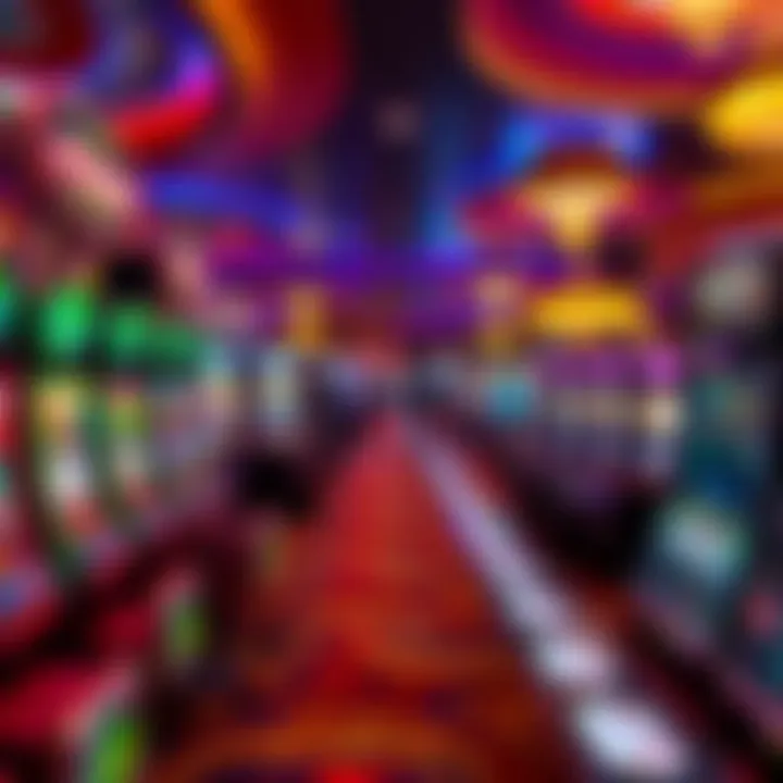 A vibrant gaming floor filled with various slot machines and table games
