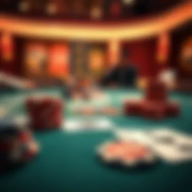 A close-up of a gaming table with chips and cards ready for play