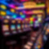 A vibrant online casino interface featuring slot machines and card games