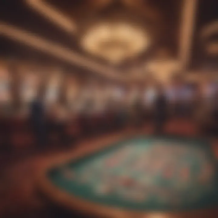 A captivating view of a bustling casino floor filled with gaming tables and vibrant lights.