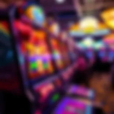 A visually engaging slot machine with colorful symbols and flashing lights