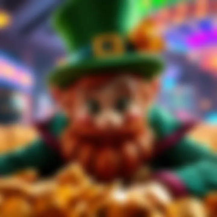 A vibrant depiction of the Leprechaun character surrounded by gold coins