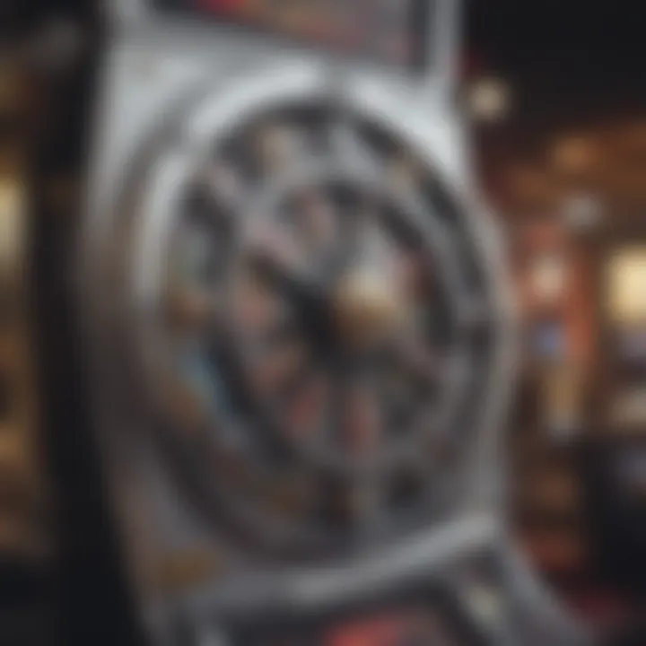 A close-up of a spinning slot machine reel adorned with various symbols