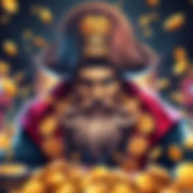 An illustration of a pirate captain surrounded by gold coins and jewels, exuding charisma