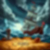 A scenic pirate ship sailing through stormy seas with a treasure map in the foreground