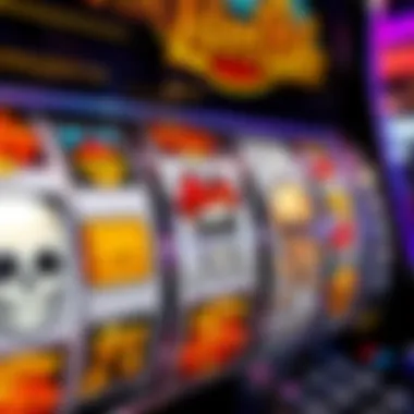 A close-up of pirate-themed slot machine reels featuring treasure chests and skull symbols