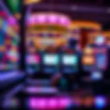 Vibrant slot machines with bright lights and screens