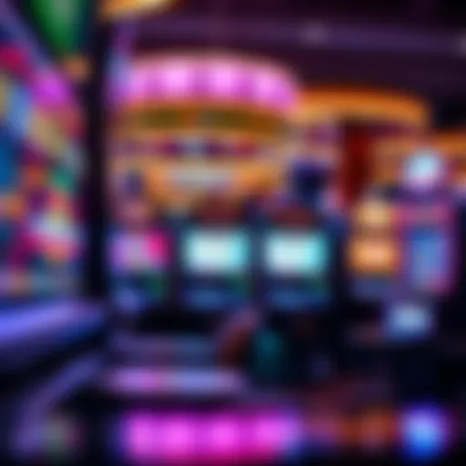 Vibrant slot machines with bright lights and screens