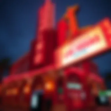 Historic casino building with a vibrant neon sign illuminating the night