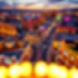 Aerial view of Aurora's casino district showcasing vibrant lights and architecture