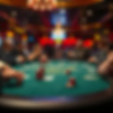 A close-up of a poker table featuring a game in progress.
