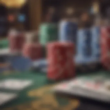 Close-up of poker chips and cards on a table