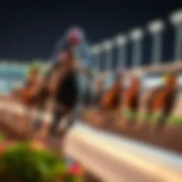 A dynamic racetrack scene showcasing horses in full gallop during a race.