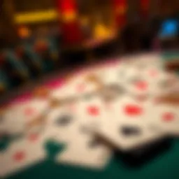 A vibrant display of various playing cards spread across a table, showcasing different suits and designs.