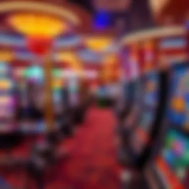 Thriving Casino Environment Interior shot of a vibrant casino floor filled with slot machines and gaming tables.