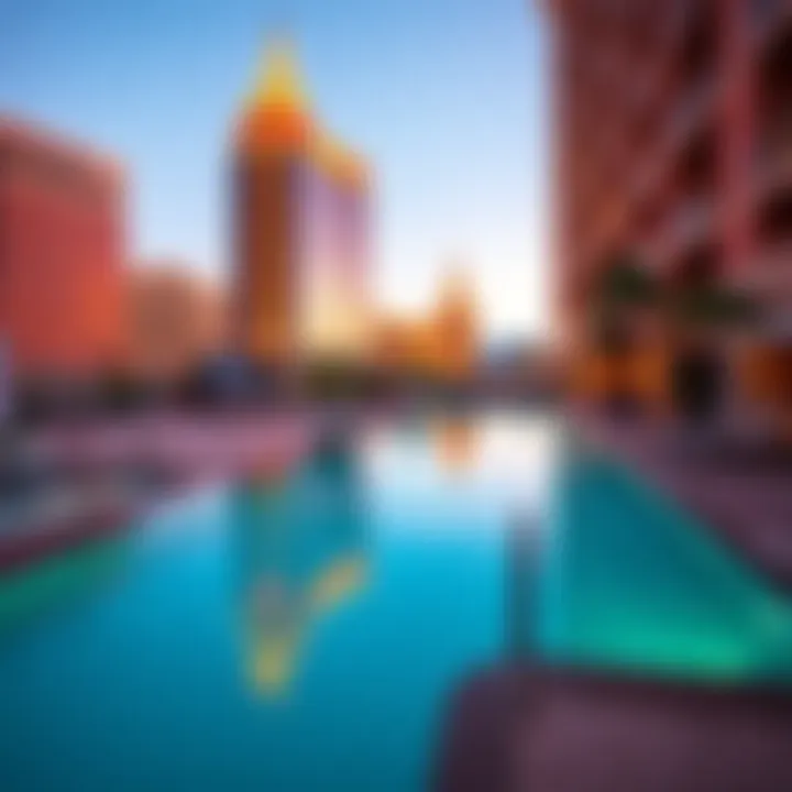 Outdoor pool area of a hotel with views of the Las Vegas Strip