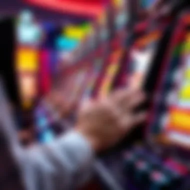 A close-up view of a slot player's hands engaging with the game interface.
