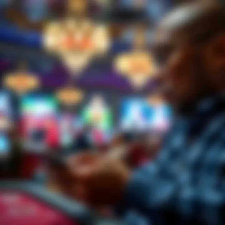 Strategic Betting Approach A thoughtful gambler reviewing stats on a digital device.