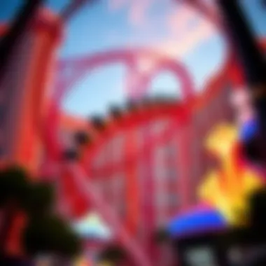 The thrilling loops and turns of the roller coaster framed by the casino architecture