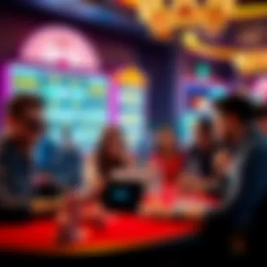 A vibrant depiction of the social interactions within Pogo Casino gaming communities, emphasizing camaraderie and competition.