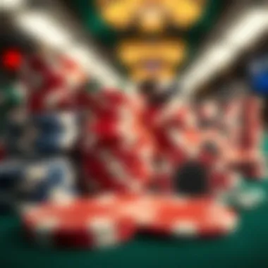 A close-up of poker chips in varying colors and denominations arranged artistically