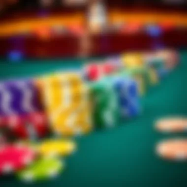 A close-up of roulette chips in various colors arranged neatly on a gaming table