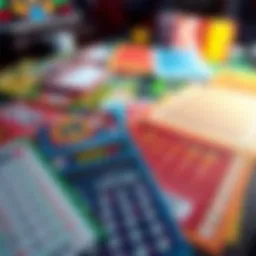 A collection of colorful scratch-off lottery tickets spread out on a table.