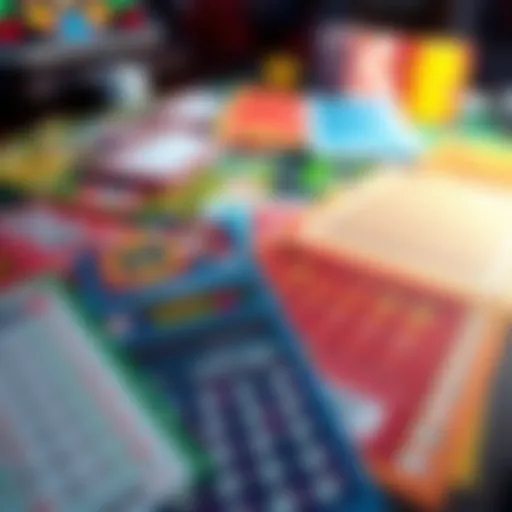 A collection of colorful scratch-off lottery tickets spread out on a table.