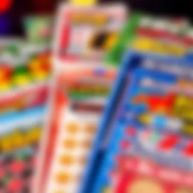 Diverse Scratch-Off Ticket Designs A close-up view of various scratch-off lottery tickets displaying vibrant designs and potential prizes.