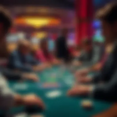 Intense gameplay at a Texas Hold'em table in a bustling casino