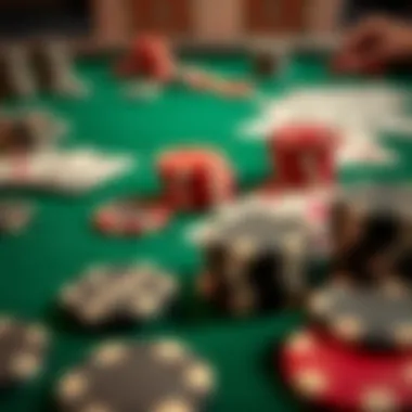 Close-up of poker chips and cards on a green felt table