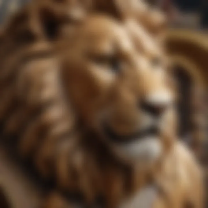 Close-up of the intricate details of the MGM Lion's sculpture