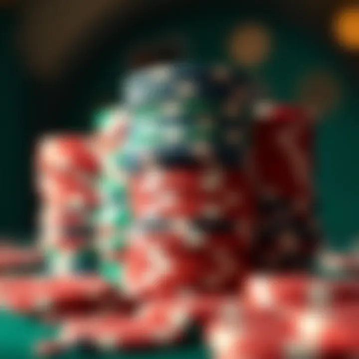 A close-up of colorful casino chips stacked high
