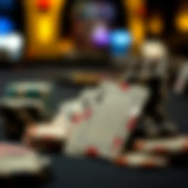 A close-up of poker chips and cards used during the tournament